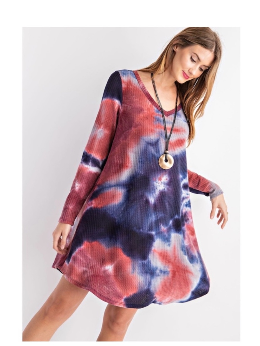 The “Sherry” Burgundy/Blue Tie-Dye V-Neck Long Sleeve Waffle Swing Dress NWOT 1X